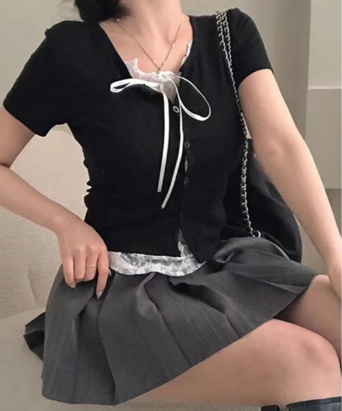 kirakiraShop(キラキラショップ)の「レイヤード風 リボン レース Tシャツ(Tシャツ/カットソー・レディース・ブラック/ホワイト・FREE)」の11枚目の写真
