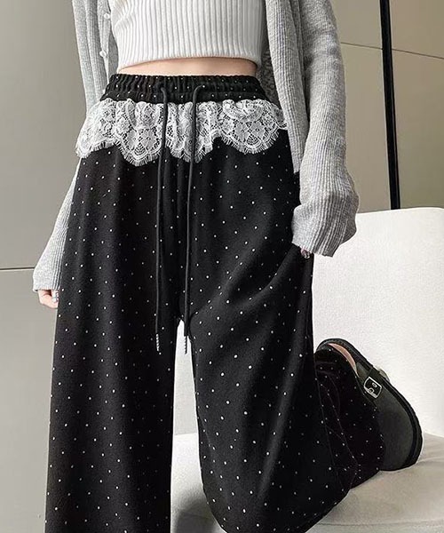 ブラック レース ワイドレッグパンツ セール】レースアクセント ドロストワイドレッグパンツ（その他パンツ