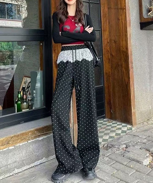gossip!ロサンゼルス(ゴシップロサンゼルス)の「レースアクセント ドロストワイドレッグパンツ(その他パンツ・レディース・ブラック・M/S)」の4枚目の写真