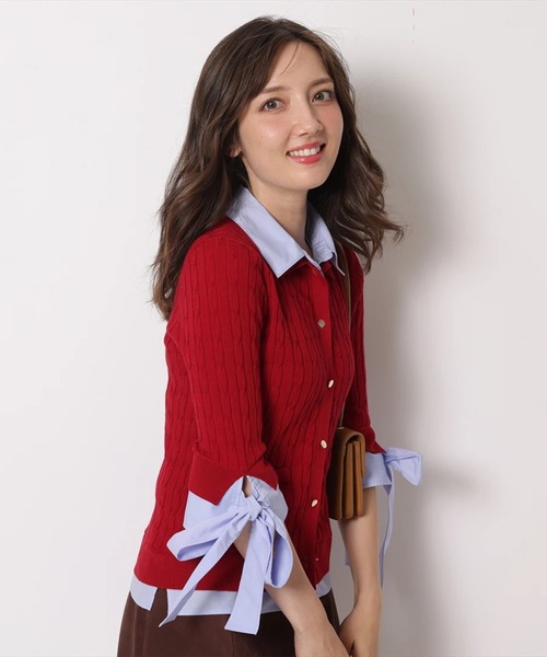 袖リボンレイヤードリブニット