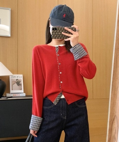 LAC-VERT（ラック・ヴェール）の「【レイヤード見え】チェックポイントカーディガン（カーディガン/ボレロ・レディース・レッド/ネイビー/ブラック/グレー・FREE）」の4枚目の写真