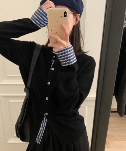 LAC-VERT（ラック・ヴェール）の「【レイヤード見え】チェックポイントカーディガン（カーディガン/ボレロ・レディース・レッド/ネイビー/ブラック/グレー・FREE）」の2枚目の写真