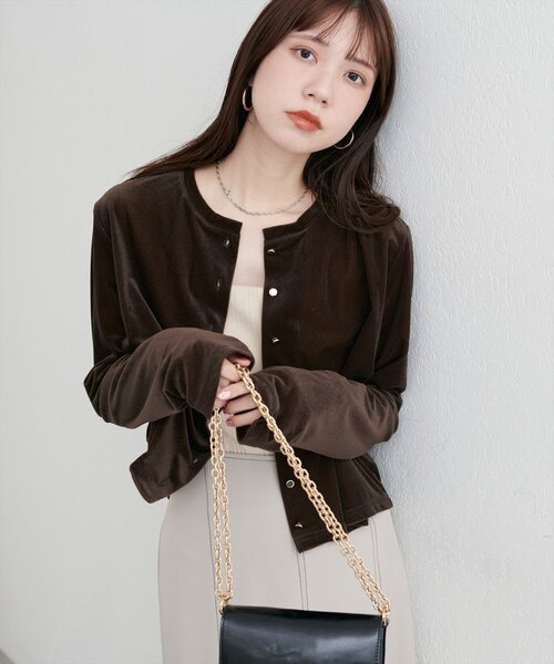 セール】クルーネックシアーベロアカーデ（カーディガン/ボレロ