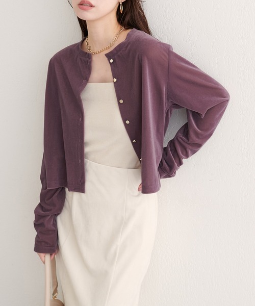 natural couture(ナチュラルクチュール)の「クルーネックシアーベロアカーデ(カーディガン/ボレロ・レディース・ブラウン/ピンク系その他/グレイッシュベージュ/ブラック/アイボリー/ネイビー/ピンクベージュ・FREE)」の6枚目の写真