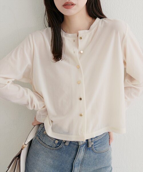 natural couture(ナチュラルクチュール)の「クルーネックシアーベロアカーデ(カーディガン/ボレロ・レディース・ブラウン/ピンク系その他/グレイッシュベージュ/ブラック/アイボリー/ネイビー/ピンクベージュ・FREE)」の2枚目の写真