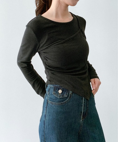 on:nue（オンニュ）の「【on:nue】 [着用動画あり！/5色展開] アシメレイヤードリブカットソー（Tシャツ/カットソー・レディース・バーガンディー/ホワイト/ブラック/レッドパープル/グレー・FREE）」の13枚目の写真