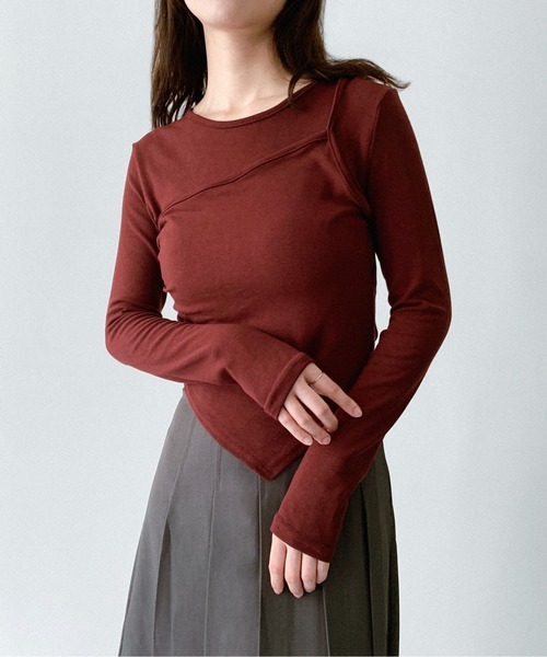 on:nue（オンニュ）の「【on:nue】 [着用動画あり！/5色展開] アシメレイヤードリブカットソー（Tシャツ/カットソー・レディース・バーガンディー/ホワイト/ブラック/レッドパープル/グレー・FREE）」の20枚目の写真