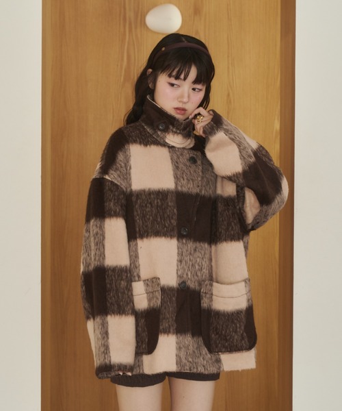 【新品タグ付き】シャギーコート　ブラウン　チェック　リムーン　REMOON REMOON（リムーン）の「シャギーコート（その他アウター）」 - WEAR