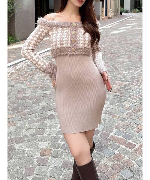 りぃ❣️ アンサンブルチェックミニワンピース ブラウン ハウンドトゥースアンサンブルミニワンピース（ワンピース