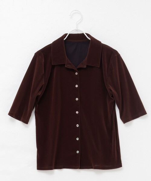 NOLLEY’S（ノーリーズ）の「【MAQWEL/マクウェル】ウォッシャブルベロア半袖シャツ（シャツ/ブラウス・レディース・ブラウン/カーキ・FREE）」の7枚目の写真