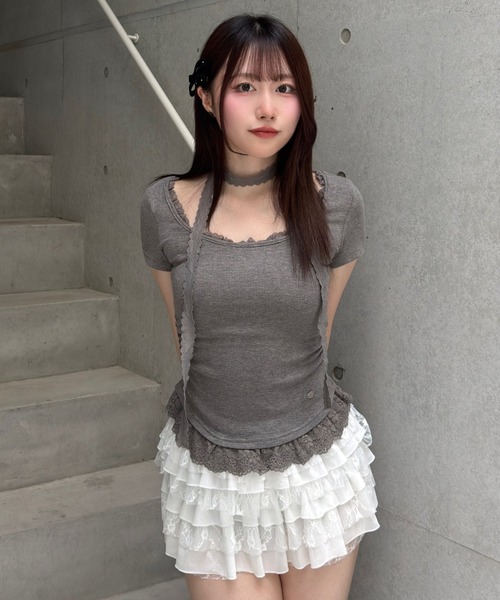 Lae(レイ)の「レースヘムトップス(Tシャツ/カットソー・レディース・ダークグレー/ホワイト/ライトグレー/ブルー・フリー)」の3枚目の写真