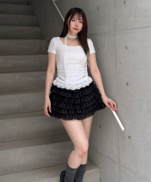 Lae(レイ)の「レースヘムトップス(Tシャツ/カットソー・レディース・ダークグレー/ホワイト/ライトグレー/ブルー・フリー)」の6枚目の写真