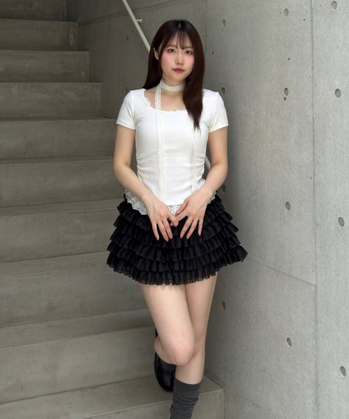 Lae(レイ)の「レースヘムトップス(Tシャツ/カットソー・レディース・ダークグレー/ホワイト/ライトグレー/ブルー・フリー)」の7枚目の写真
