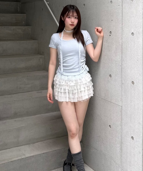 Lae(レイ)の「レースヘムトップス(Tシャツ/カットソー・レディース・ダークグレー/ホワイト/ライトグレー/ブルー・フリー)」の9枚目の写真