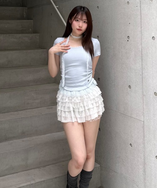 Lae(レイ)の「レースヘムトップス(Tシャツ/カットソー・レディース・ダークグレー/ホワイト/ライトグレー/ブルー・フリー)」の10枚目の写真