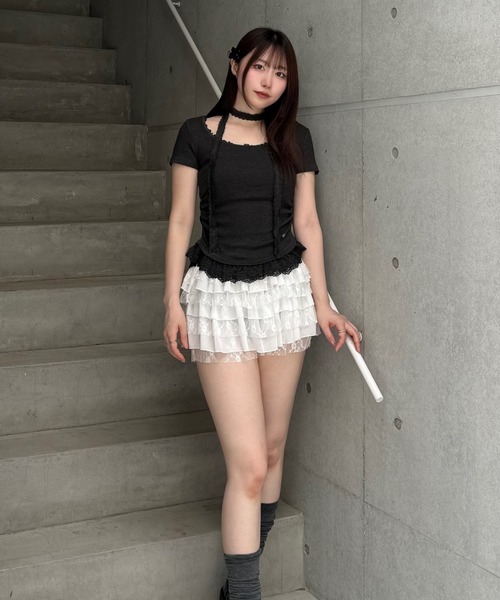 Lae(レイ)の「レースヘムトップス(Tシャツ/カットソー・レディース・ダークグレー/ホワイト/ライトグレー/ブルー・フリー)」の11枚目の写真