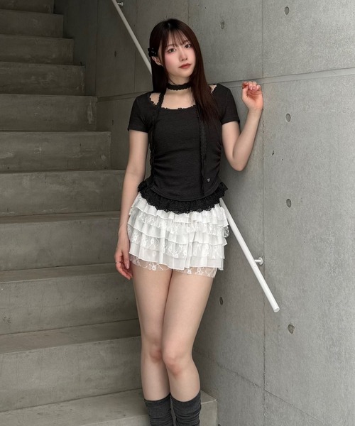 Lae(レイ)の「レースヘムトップス(Tシャツ/カットソー・レディース・ダークグレー/ホワイト/ライトグレー/ブルー・フリー)」の12枚目の写真