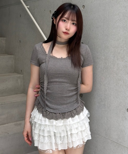 Lae(レイ)の「レースヘムトップス(Tシャツ/カットソー・レディース・ダークグレー/ホワイト/ライトグレー/ブルー・フリー)」の13枚目の写真