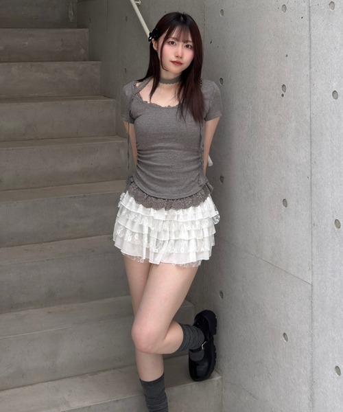 Lae(レイ)の「レースヘムトップス(Tシャツ/カットソー・レディース・ダークグレー/ホワイト/ライトグレー/ブルー・フリー)」の14枚目の写真
