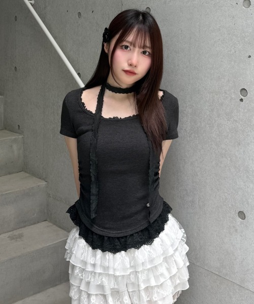 Lae(レイ)の「レースヘムトップス(Tシャツ/カットソー・レディース・ダークグレー/ホワイト/ライトグレー/ブルー・フリー)」の15枚目の写真