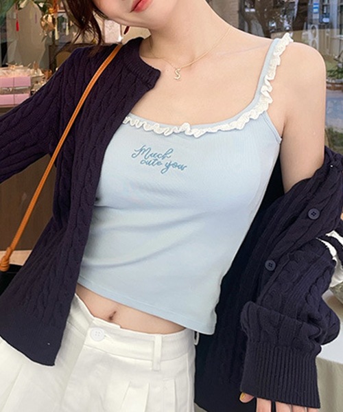 Lace Ladies(レースレディース)の「レター 刺繍 付き フリル カップ付き キャミソール(キャミソール・レディース・ブルー/アイボリー/ブラック/ホワイト・FREE)」の4枚目の写真