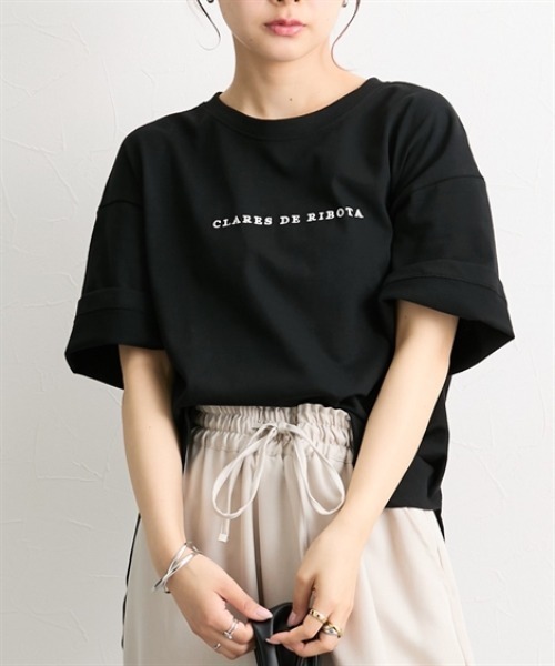 nissen(ニッセン)の「綿混オーバーサイズきれいめロゴTシャツ(Tシャツ/カットソー・レディース・ブラック系1/ブラック系3/ホワイト系4/ホワイト系3/ブラック系2/ブラウン系1/ホワイト系1/ホワイト系2/ブラック系4・M/L)」の7枚目の写真