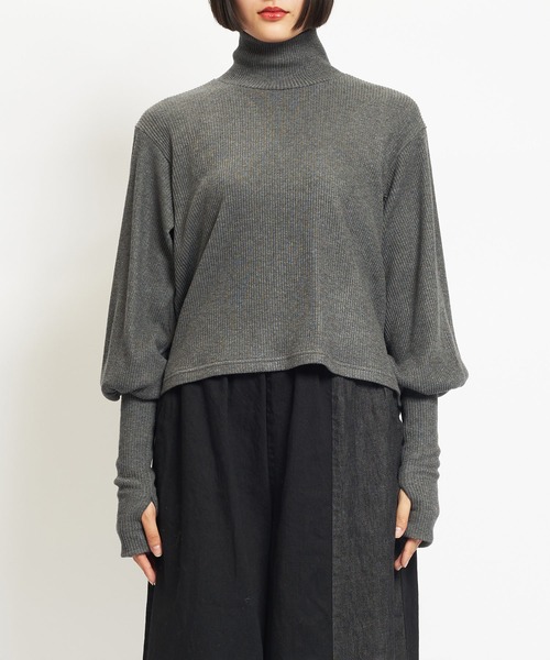 gomme（ゴム）の「リブニット　アームカバーＴ（Tシャツ/カットソー・レディース・チャコールグレー/ブラック・MEDIUM）」の10枚目の写真