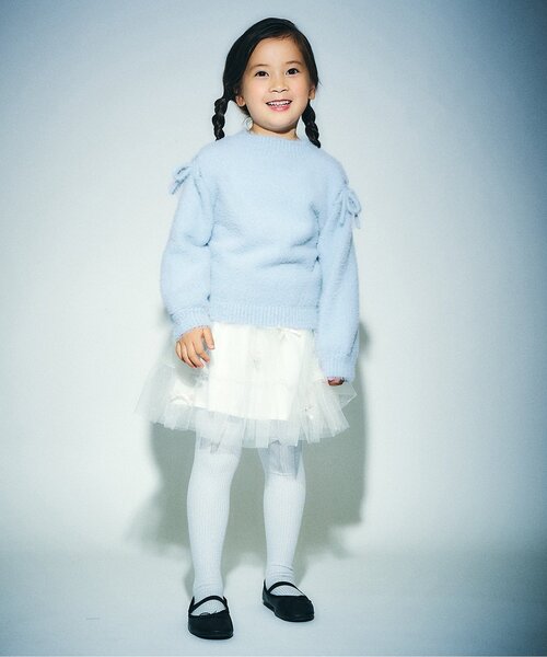 Seraph（セラフ）の「【ジュニア対応】ふわふわ肩あきリボンシャギーニット（ニット/セーター・キッズ・オフホワイト/ベビーピンク/サックスブルー・100/110/120/130/80/90/140）」の5枚目の写真