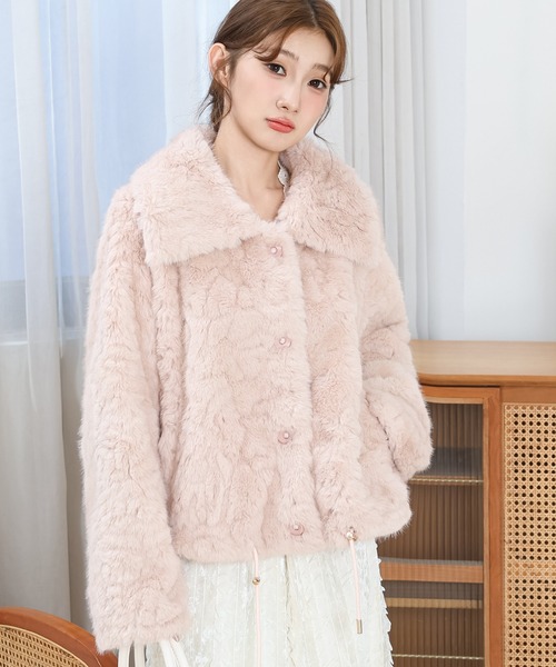 セール】ビッグカラー ドローコード付き コンパクト ファー ジャケット