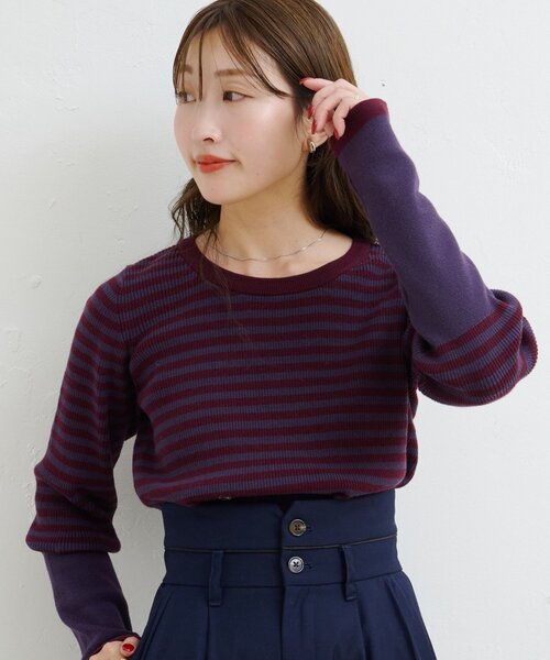 お色は濃いボルドー色で控えめなカラーです。たっぷりで中に厚めのセーターも着れます セール】【4色展開】B ボーダーフィンガーホールニットトップス