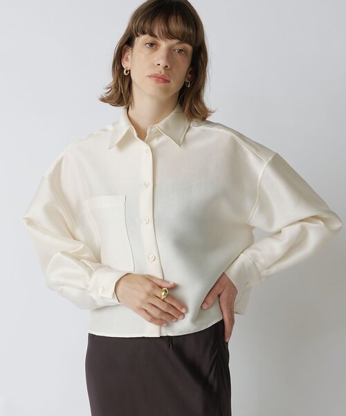 Drawing Numbers（ドローイング ナンバーズ）の「【Drawing Numbers】《セットアップ対応可》シルキーダブルクロスクロップドシャツ（シャツ/ブラウス・レディース・ネイビー/ホワイト/ブラウン・38）」の5枚目の写真