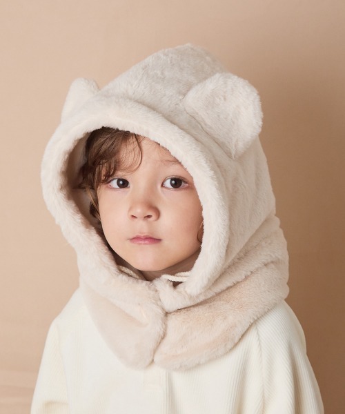 セール】巾着収納くま耳ファー帽子（ニットキャップ/ビーニー