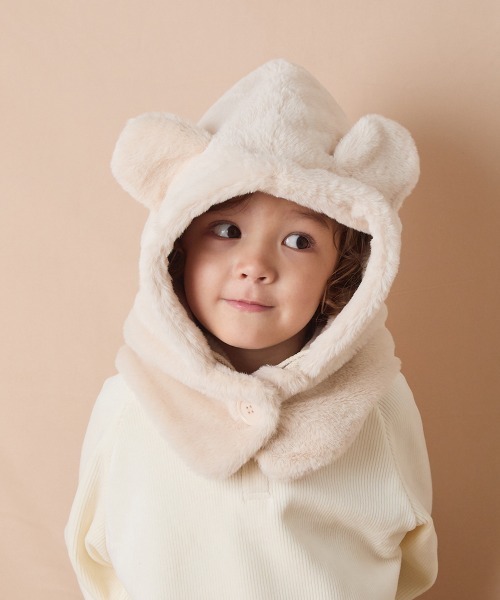 riziere（リジェール）の「巾着収納くま耳ファー帽子（ニットキャップ/ビーニー・キッズ・アイボリー・FREE）」の4枚目の写真