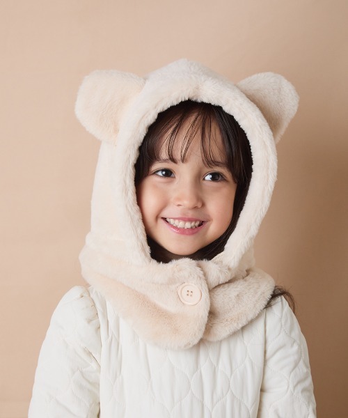 riziere（リジェール）の「巾着収納くま耳ファー帽子（ニットキャップ/ビーニー・キッズ・アイボリー・FREE）」の5枚目の写真