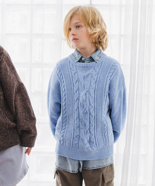 GLOBAL WORK（グローバルワーク）の「洗えるモールケーブルプルオーバー/603740（ニット/セーター・キッズ・ブラウン/グリーン/アイボリー/グレイッシュベージュ/サックスブルー/ブルー系その他6・130cm/140cm/150cm/160cm）」の5枚目の写真