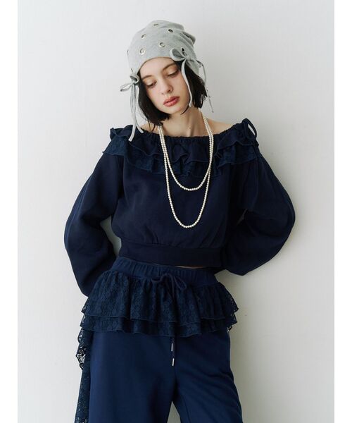 jouetie（ジュエティ）の「レースドッキングオフショルプルオーバー【セットアップ対応】（スウェット・レディース・グレー/ブラック/ネイビー・MEDIUM）」の15枚目の写真