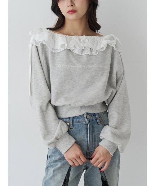 jouetie（ジュエティ）の「レースドッキングオフショルプルオーバー【セットアップ対応】（スウェット・レディース・グレー/ブラック/ネイビー・MEDIUM）」の3枚目の写真