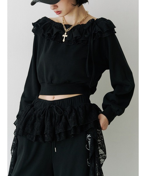 jouetie（ジュエティ）の「レースドッキングオフショルプルオーバー【セットアップ対応】（スウェット・レディース・グレー/ブラック/ネイビー・MEDIUM）」の2枚目の写真