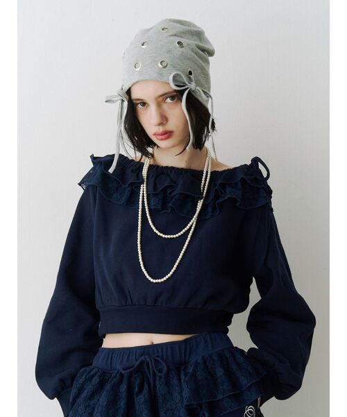 jouetie（ジュエティ）の「レースドッキングオフショルプルオーバー【セットアップ対応】（スウェット・レディース・グレー/ブラック/ネイビー・MEDIUM）」の4枚目の写真