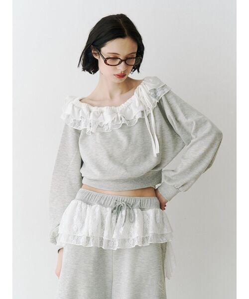 jouetie（ジュエティ）の「レースドッキングオフショルプルオーバー【セットアップ対応】（スウェット・レディース・グレー/ブラック/ネイビー・MEDIUM）」の5枚目の写真