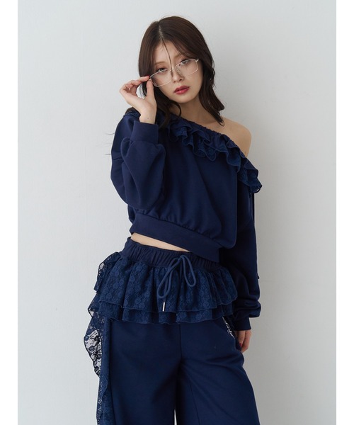 jouetie（ジュエティ）の「レースドッキングオフショルプルオーバー【セットアップ対応】（スウェット・レディース・グレー/ブラック/ネイビー・MEDIUM）」の6枚目の写真