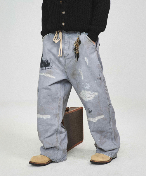サンライズ グランジウォッシング グレー ブルー ワークパンツ