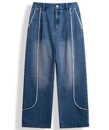 カットオフインシジョンワイドデニムパンツ [ミッドブルー]