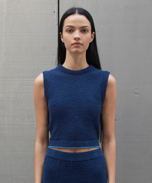 WOMEN COLOR EDGED SLIM KNIT TANK TOP - BLUE