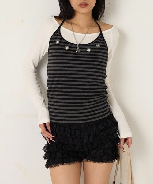 WHO'S WHO gallery（フーズフーギャラリー）の「アイレットホルターレイヤードトップス（Tシャツ/カットソー・レディース・ネイビー/レッド/ブラック/グレー/チャコールグレー/ホワイト系その他/ブラック系その他2/ホワイト系その他2/グレー系その他2・FREE）」の5枚目の写真