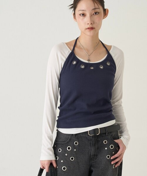 WHO'S WHO gallery(フーズフーギャラリー)の「EYELET HALTER LAYERED TOPS(Tシャツ/カットソー・レディース・ブラック/ネイビー/レッド/グレー・FREE)」の13枚目の写真