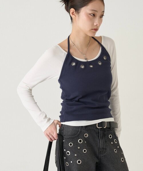 WHO'S WHO gallery(フーズフーギャラリー)の「EYELET HALTER LAYERED TOPS(Tシャツ/カットソー・レディース・ブラック/ネイビー/レッド/グレー・FREE)」の14枚目の写真