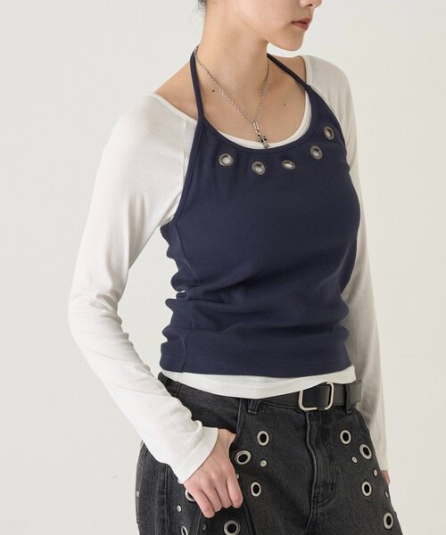 WHO'S WHO gallery(フーズフーギャラリー)の「EYELET HALTER LAYERED TOPS(Tシャツ/カットソー・レディース・ブラック/ネイビー/レッド/グレー・FREE)」の16枚目の写真