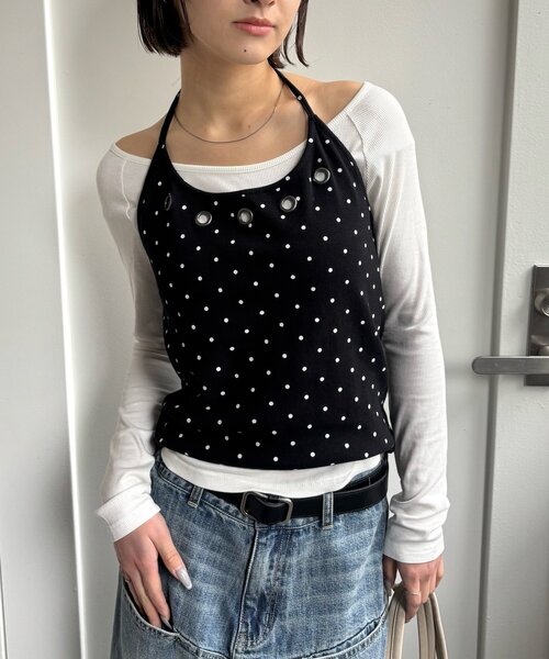 WHO'S WHO gallery（フーズフーギャラリー）の「アイレットホルターレイヤードトップス（Tシャツ/カットソー・レディース・ネイビー/レッド/ブラック/グレー/チャコールグレー/ホワイト系その他/ブラック系その他2/ホワイト系その他2/グレー系その他2・FREE）」の14枚目の写真