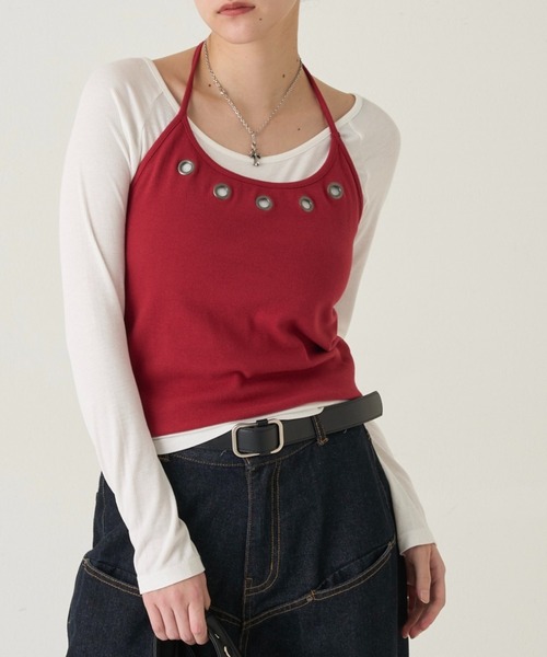 WHO'S WHO gallery(フーズフーギャラリー)の「EYELET HALTER LAYERED TOPS(Tシャツ/カットソー・レディース・ブラック/ネイビー/レッド/グレー・FREE)」の4枚目の写真